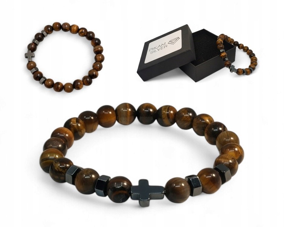 Bransoletka Z Kamieni Naturalnych 8,5mm Tygrysie Oko Z Krzyżykiem Na Gumce