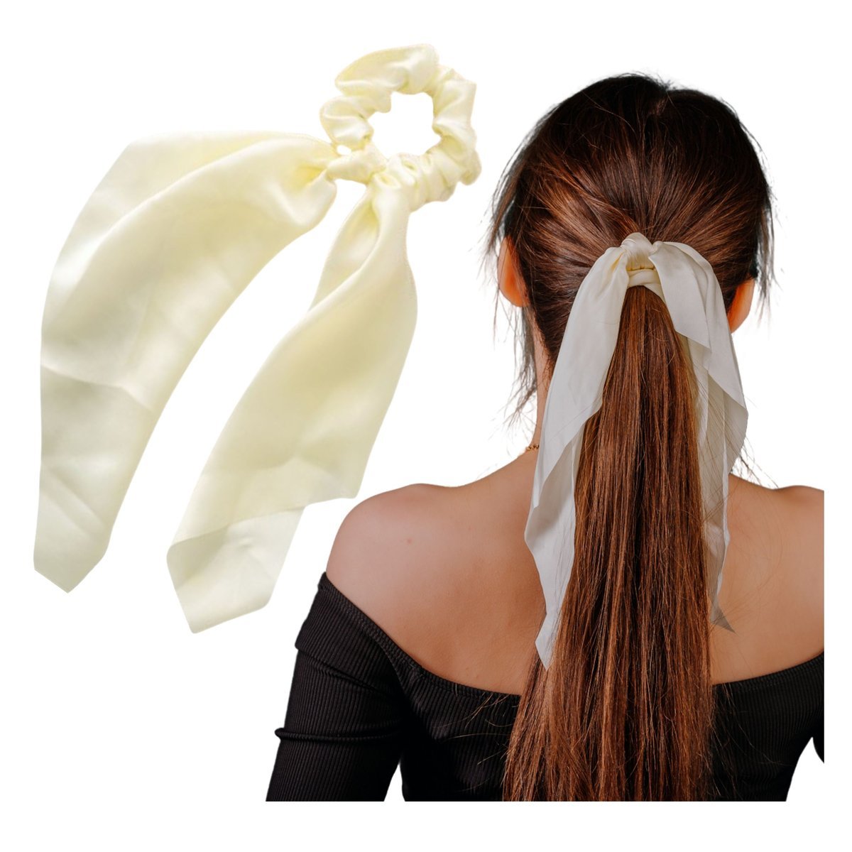 Gumka do Włosów Ecru z Kokardą Długa Satynowa Apaszka Bezpieczna i Wygodna