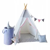 Namioty i tipi dla dzieci - 4iQ Namiot Tipi Biało Szary dla dzieci Poduszki Kosz - miniaturka - grafika 1