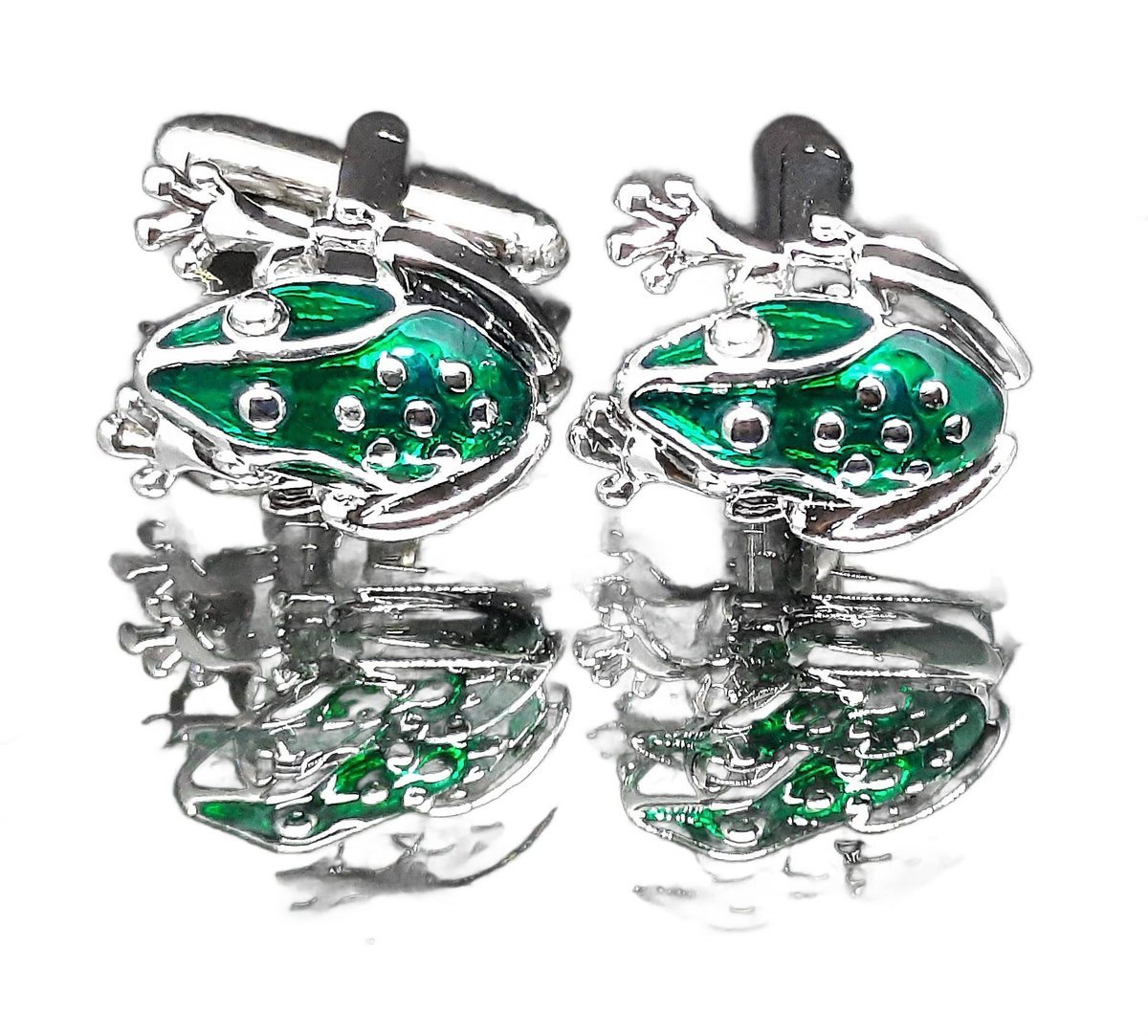 Spinki do mankietów wzór srebrne zielone żabki