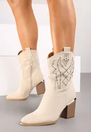 Botki damskie - Beżowe Botki Kowbojki na Obcasie Ozdobione Cyrkoniami Irinalie - miniaturka - grafika 1