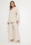 Komplety damskie - Beżowy Garnitur Marynarka o Asymetrycznym Kroju i Szerokie Spodnie Purria - miniaturka - grafika 1