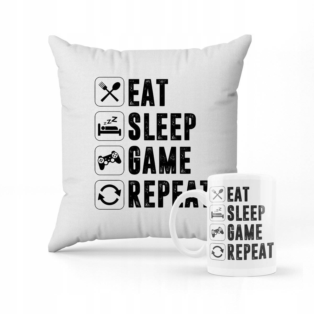 ZESTAW PODUSZKA + kubek Eat sleep game śmieszny wzór + IMIĘ