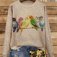 Swetry damskie - TEMU Sweter Damski Lekki - Nadruk z Papugami, Beżowa Podstawa z Wielokolorowymi Papugami, Okrągły Dekolt i Długie Rękawy na Codzień i Formalne - miniaturka - grafika 1