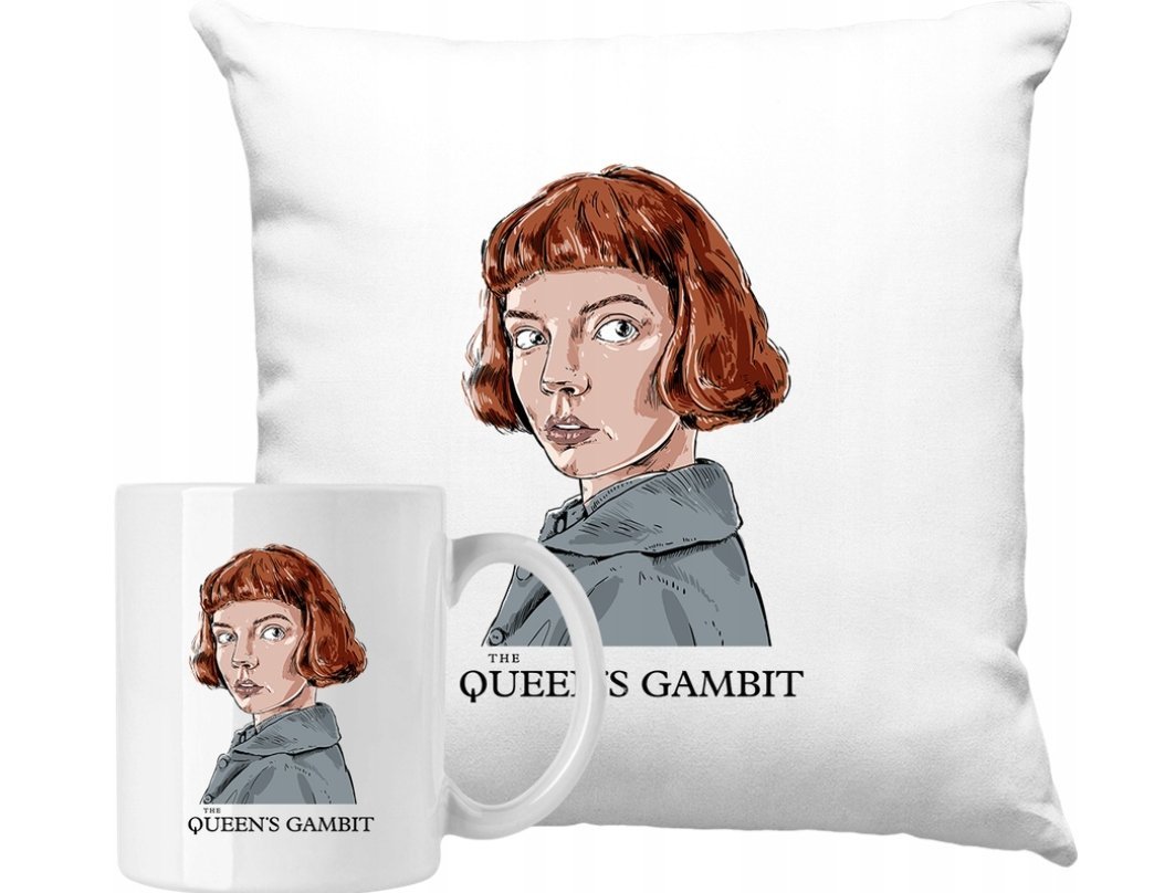 ZESTAW PODUSZKA + KUBEK Gambit Królowej Szachy Pomysł Na Prezent +IMIĘ