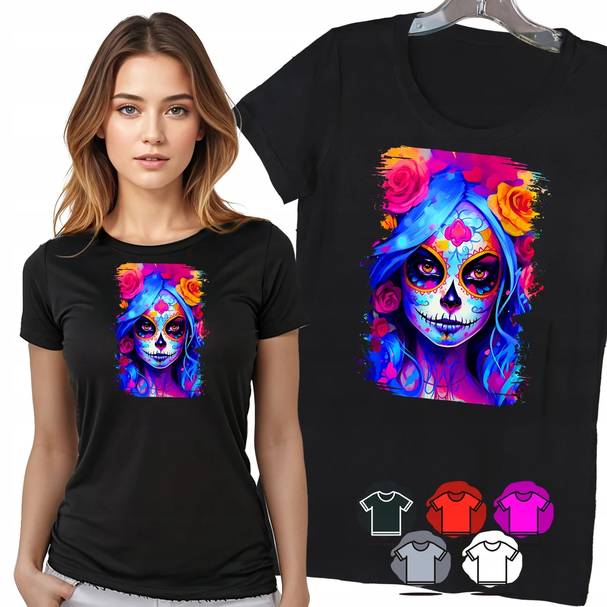 KOSZULKA DAMSKA T-SHIRT - SANTA MUERTE KOLOROWA CZASZKA KWIATY WZÓR - 3XL