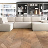 Sofy i kanapy - Kanapa narożna prawostronna dużych rozmiarów wieloosobowa rozkładana z beżową teksturowaną tapicerką - AMELIA - miniaturka - grafika 1