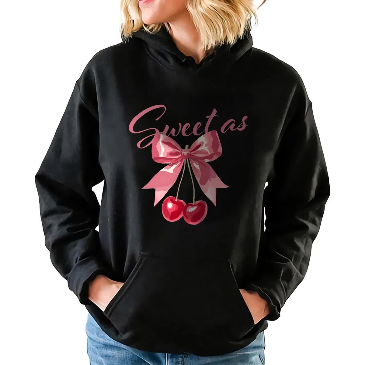 CZARNA BLUZA DAMSKA Z Kapturem SWEET AS CHERRY ZABAWNE GRAFIKI Rozmiar S