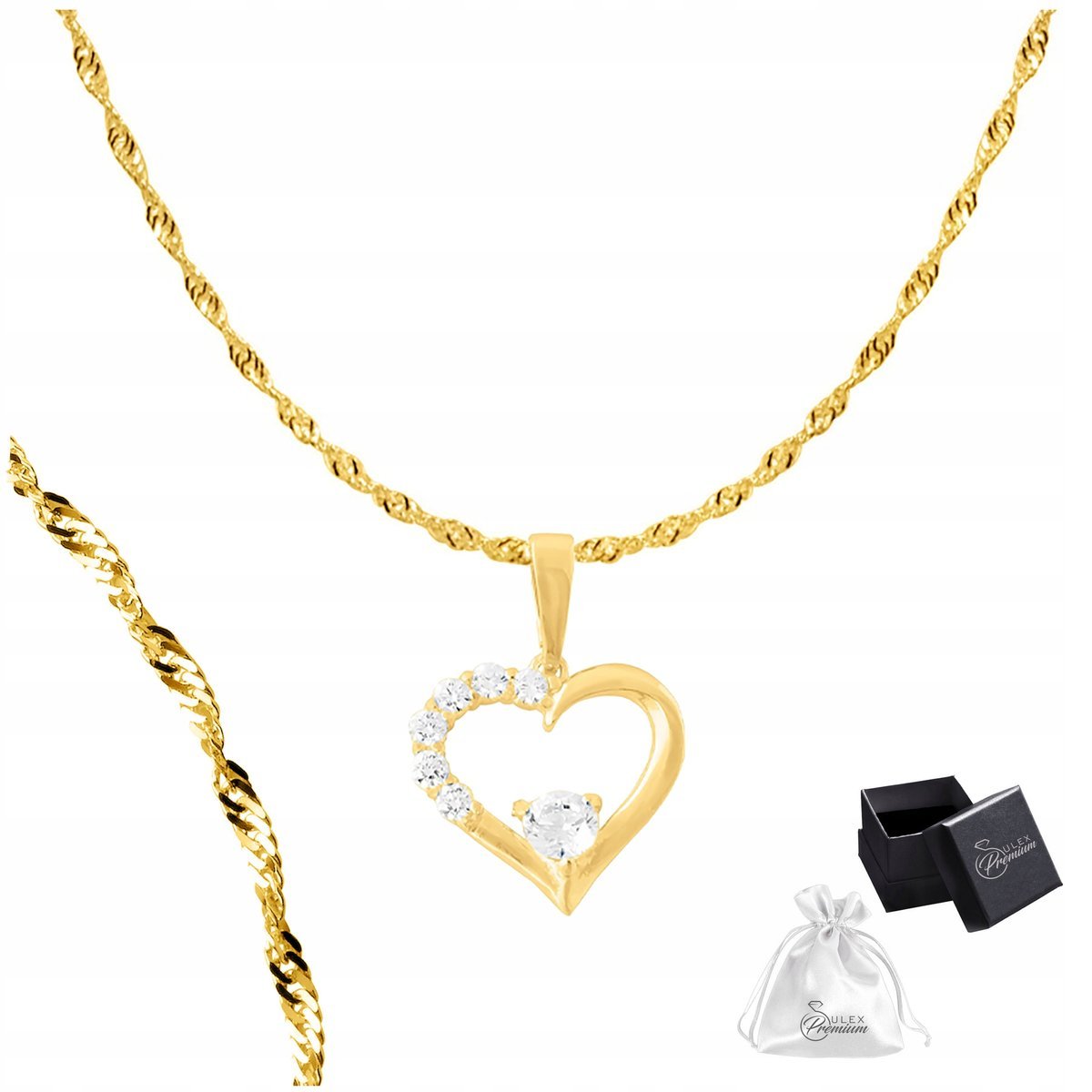 Naszyjnik Srebrny Pozłacany Singapur Zawieszka Serce z Cyrkoniami 50 cm
