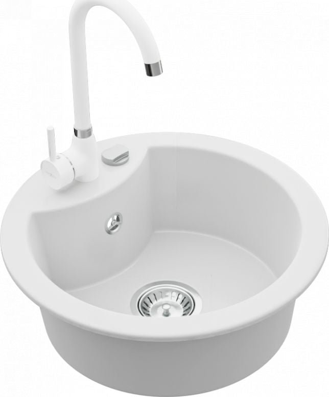 Mexen Zlewozmywak  Diego granitowy 1-komorowy z baterią kuchenną Telma, biały - 6512-20-670200-20