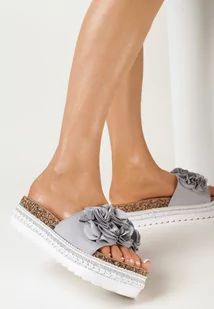 Szare Klapki z Kwiatkiem na Ozdobnej Platformie z Korka Gilivia - Klapki i japonki damskie - miniaturka - grafika 1