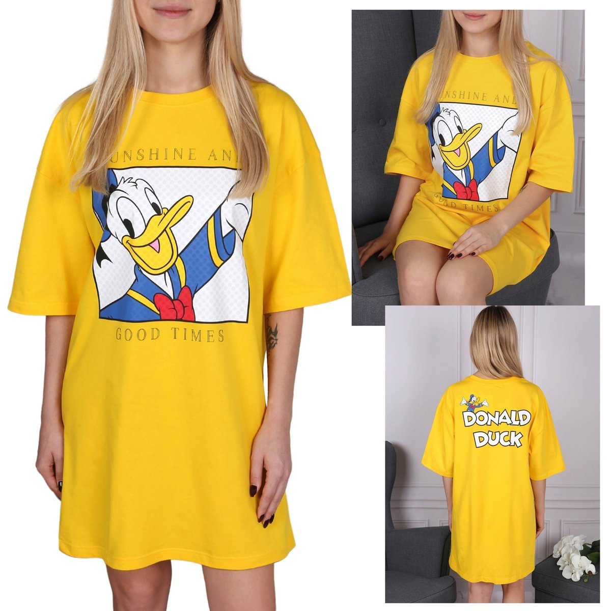 DISNEY Kaczor Donald Żółta, luźna koszula nocna, damska koszulka z krótkim rękawem XS