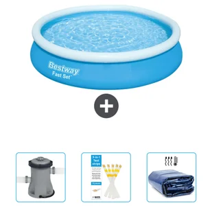 Okrągły nadmuchiwany basen Fast-Set Bestway - 366 x 76 cm - niebieski - zawiera pompkę - paski testowe - żagiel przeciwsłoneczny - Parasole ogrodowe - miniaturka - grafika 1