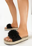 Klapki i japonki damskie - Czarne Klapki na Korkowej platformie z Plecionką Ozdobione Kwiatem Kairna - miniaturka - grafika 1