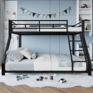 Łóżka dla dzieci i młodzieży - Łóżko piętrowe 90x200 + 140x200 cm - z barierkami - z drabinką bezpieczeństwa - metalowe - czarne (bez materaca) - miniaturka - grafika 1