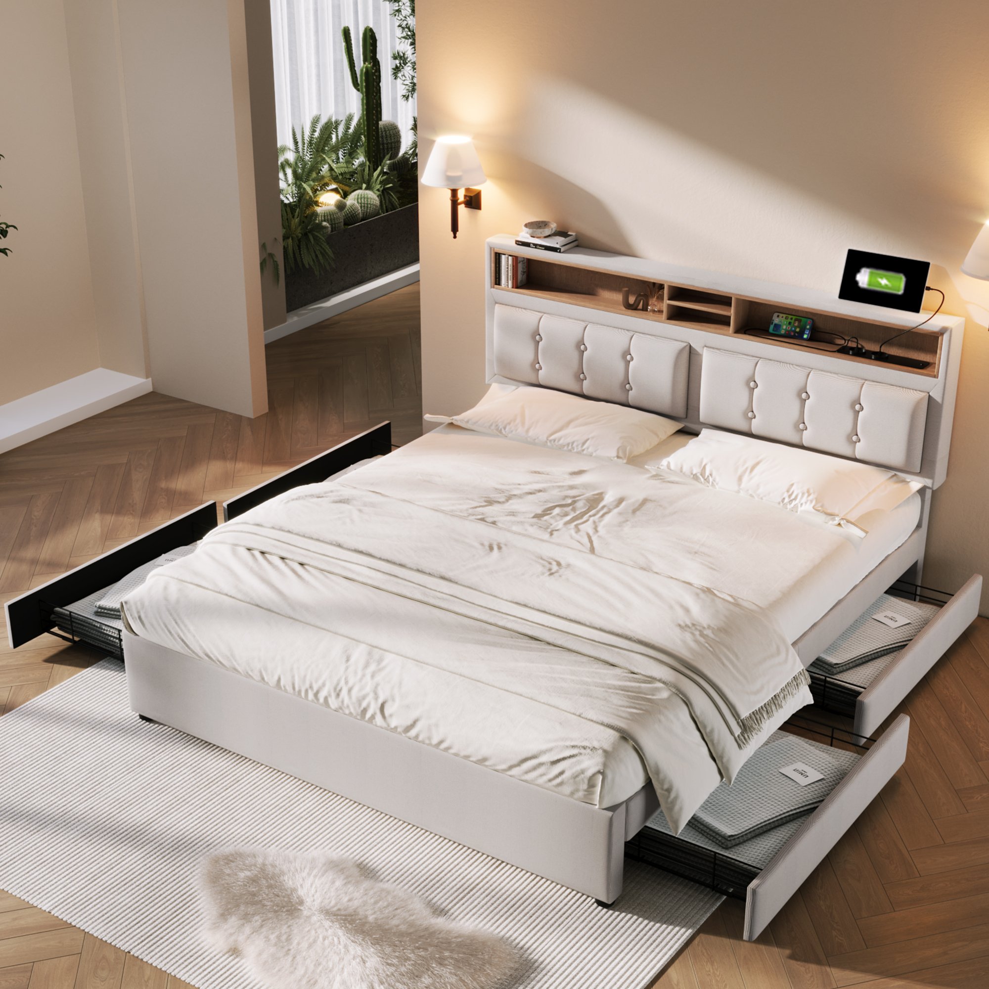 Łóżko tapicerowane Flieks 140x200 cm z USB i gniazdkami, łóżko młodzieżowe dwuosobowe z 4 szufladami, łóżko do przechowywania z litego drewna ze stelażem z listew, pościel, beżowe
