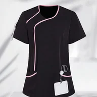 Inne - TEMU Stylowa Koszula Robocza z Krótkim Rękawem w Kontrastowe Czarne i Różowe Wykończenia - Bluzka z Okrągłym Dekoltem o Wschodnioazjatyckiej - miniaturka - grafika 1