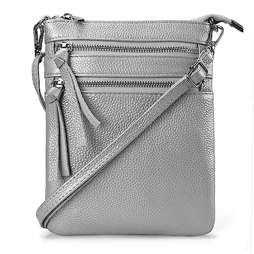 befen Małe torebki crossbody z prawdziwej skóry dla kobiet modne podróżne torebki na ramię z wieloma kieszeniami na zamek błyskawiczny, Srebrny szary, Mała skórzana torebka crossbody