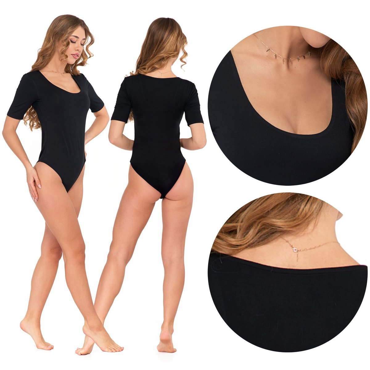 Czarne DAMSKIE BODY z Wiskozy Krótki Rękaw Dekolt Łódka MORAJ r. XL