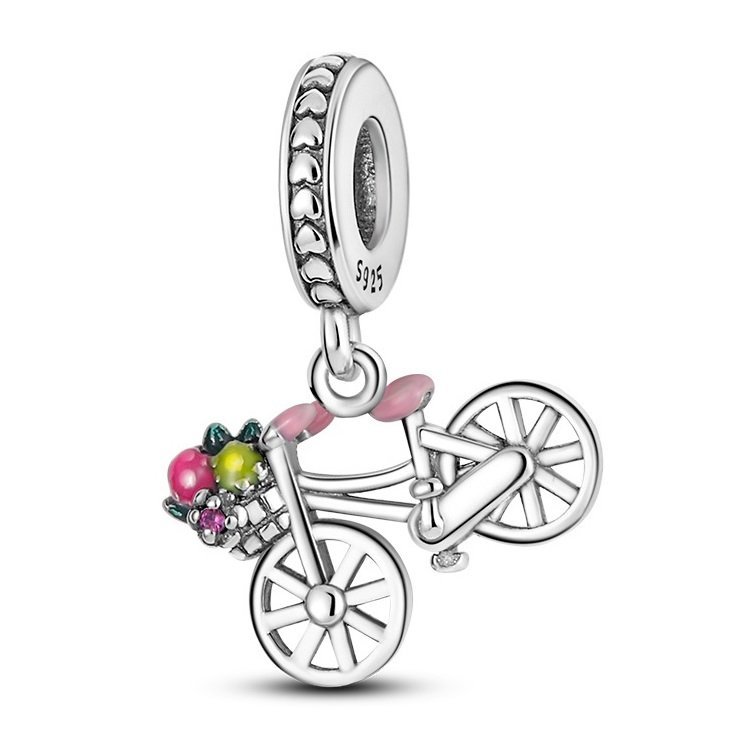 Charms Zawieszka SREBRO 925 koralik Kolorowy Rower i Kosz Kwiatów