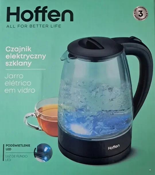 Szklany Czajnik Elektryczny LED Hoffen 2200W 1,8L Czarny AK-0347
