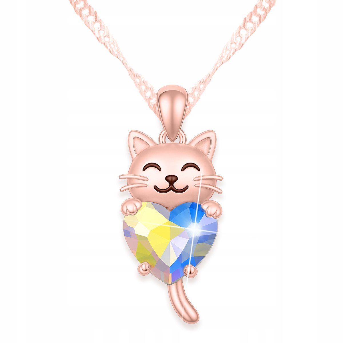 Naszyjnik Pozłacany z Kotkiem Lśniące Kryształowe Serce Kot Cat SREBRO 925