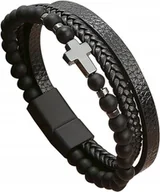 Bransolety męskie - Męska Skórzana Bransoletka z Koralikami na Prezent - miniaturka - grafika 1