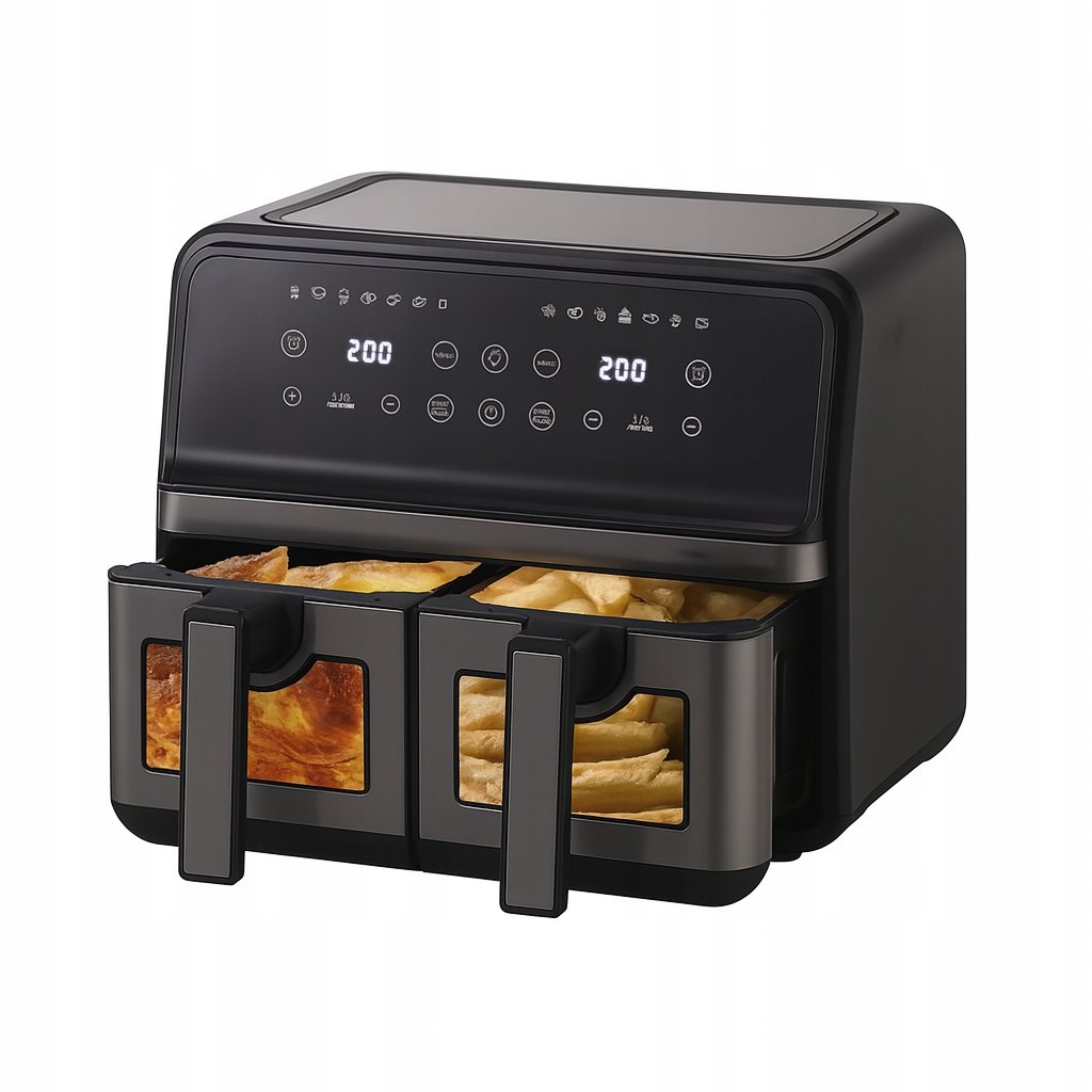 Frytkownica Beztłuszczowa Dwukomorowa 9L Air Fryer 2200W 10 Programów Led