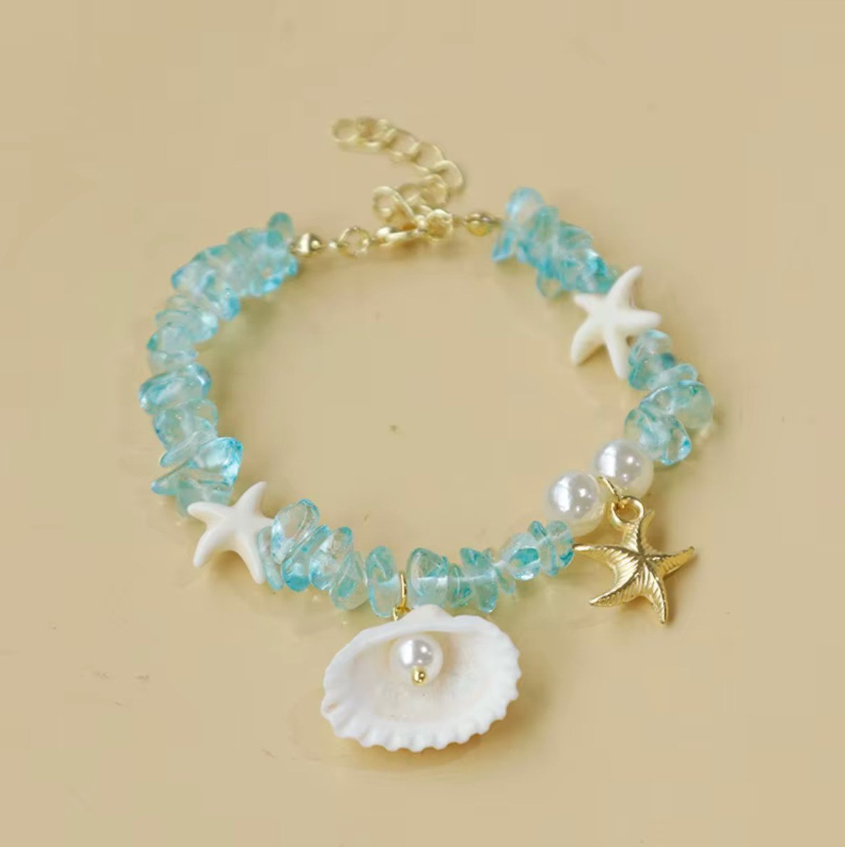 Niebieska Bransoletka z Muszelkami Kamieniami Ręcznie Robiona Summer Shells