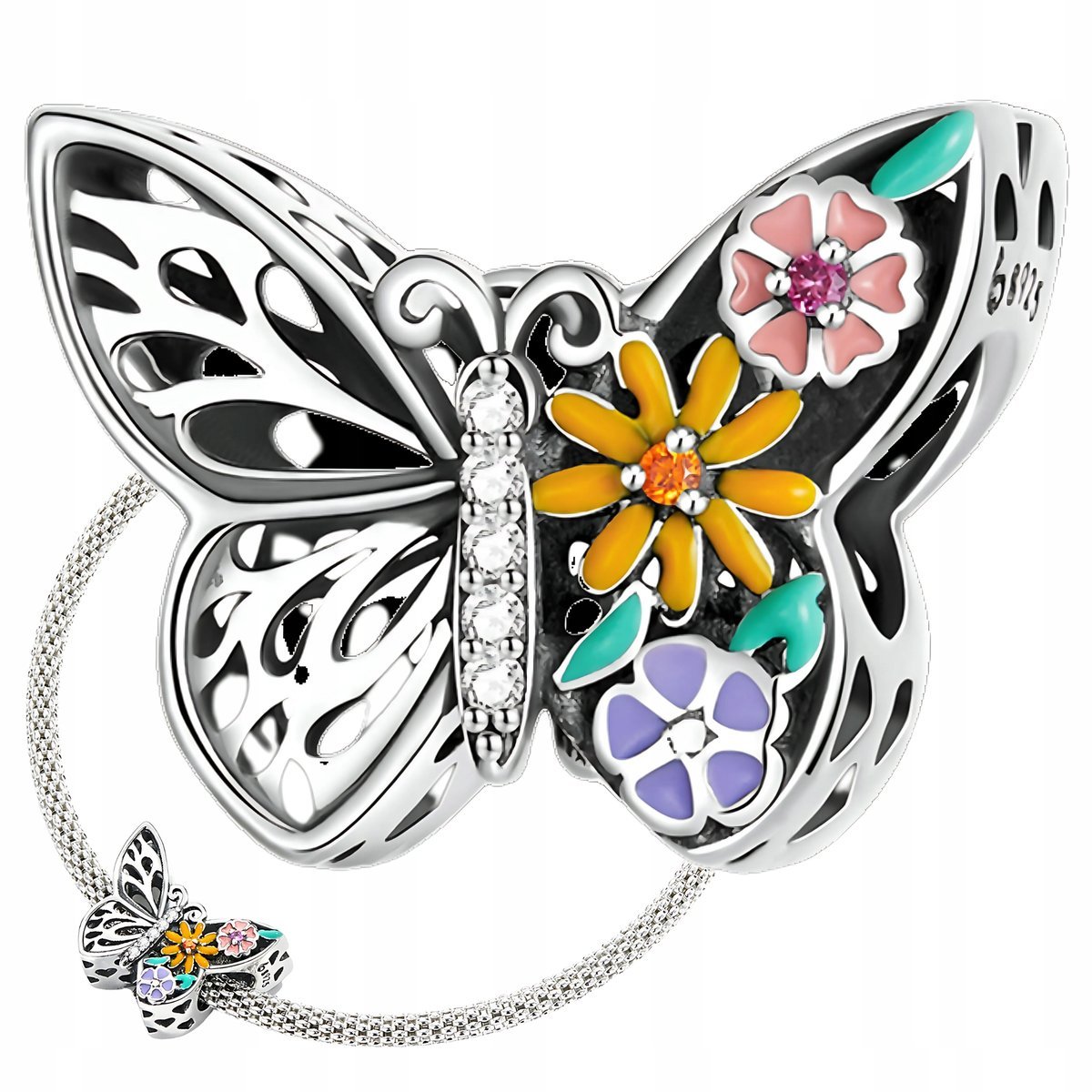 CHARMS MOTYL kwiaty kolorowy srebro zawieszka koralik charmsy pr. S925