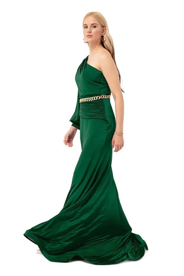 LAFABA ZIELONA SUKIENKA WIECZOROWA NA JEDNO RAMIĘ Z MARSZCZENIAMI 40 5FA