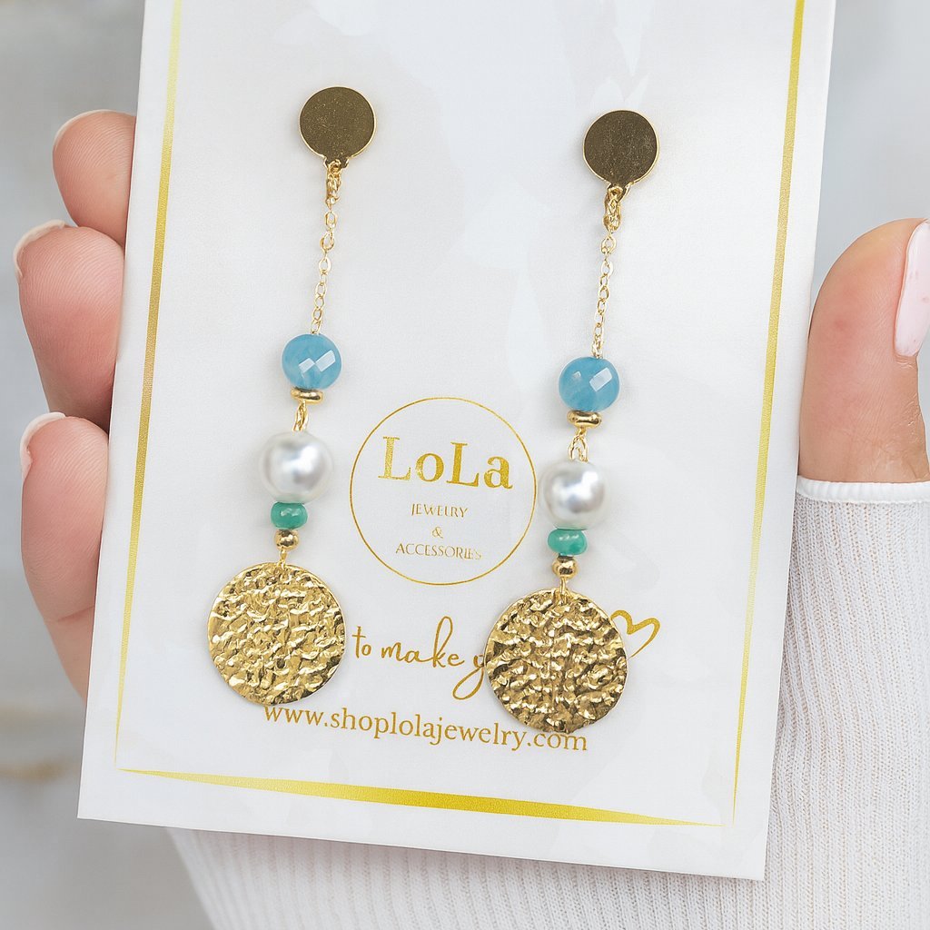 Kolczyki Noelle - Złote Turkusowe z Perłą i Medalionem Stal Chirurgiczna Boho