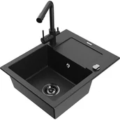 Zlewozmywaki z baterią - Mexen Enzo zlewozmywak granitowy 1-komorowy z ociekaczem i baterią kuchenną Duero, czarny/srebrny metalik - miniaturka - grafika 1