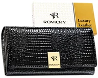 Portfele - Elegancki skórzany portfel damski ROVICKY rozbudowany na zatrzask duży lakierowany ochrona RFID STOP czarny - miniaturka - grafika 1