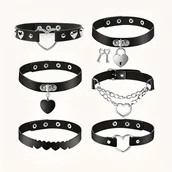 Naszyjniki - 6szt. Choker Skórzany Zestaw Czarny Gotycki w Serca - miniaturka - grafika 1