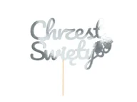 Ciasta i półprodukty do ciast - Topper papierowy na tort Chrzest Święty ze stópkami srebrny - 1 szt. - miniaturka - grafika 1