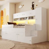 Łóżka dla dzieci i młodzieży - Łóżko dziecięce 90 x 200 z 11 drzwiami i schodkami - Płyta wiórowa + MDF + płyta wielowarstwowa - Diody LED - Białe (Materac nie jest wliczony w cenę) - miniaturka - grafika 1