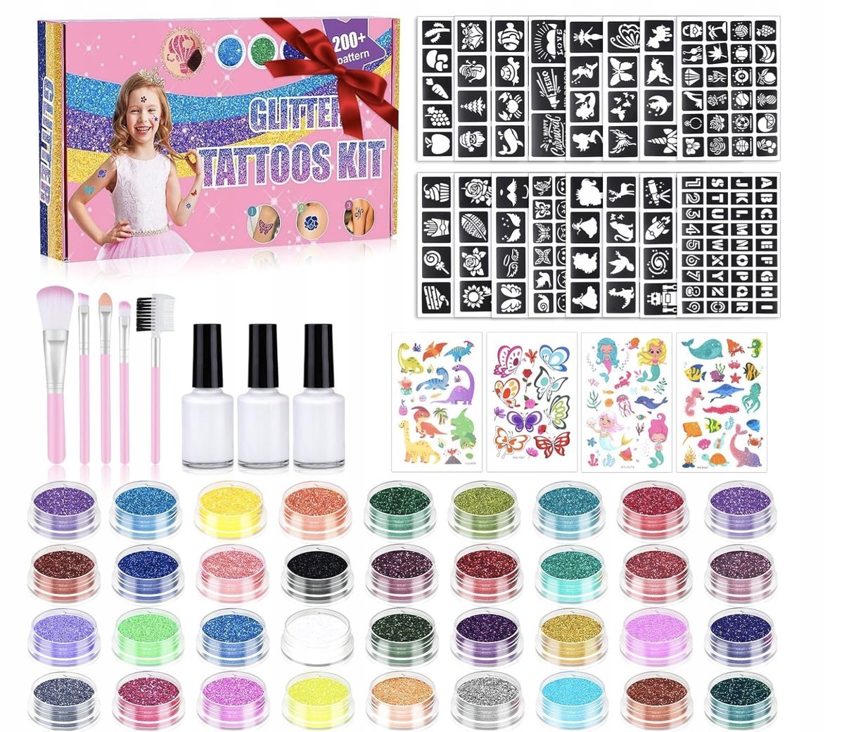Zestaw Brokatowych Tatuaży Dla Dziewczynek 36 Kolorów 220 Szablonów 3 kleje