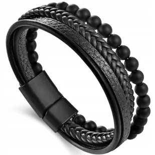 BRANSOLETKA MĘSKA SKÓRZANA POTRÓJNA CZARNE KORALIKI STAL CHIRURGICZNA 316L - Bransolety męskie BRANSOLETKA MĘSKA SKÓRZANA POTRÓJNA CZARNE KORALIKI STAL CHIRURGICZNA 316L - Bransolety męskie - miniaturka - grafika 1