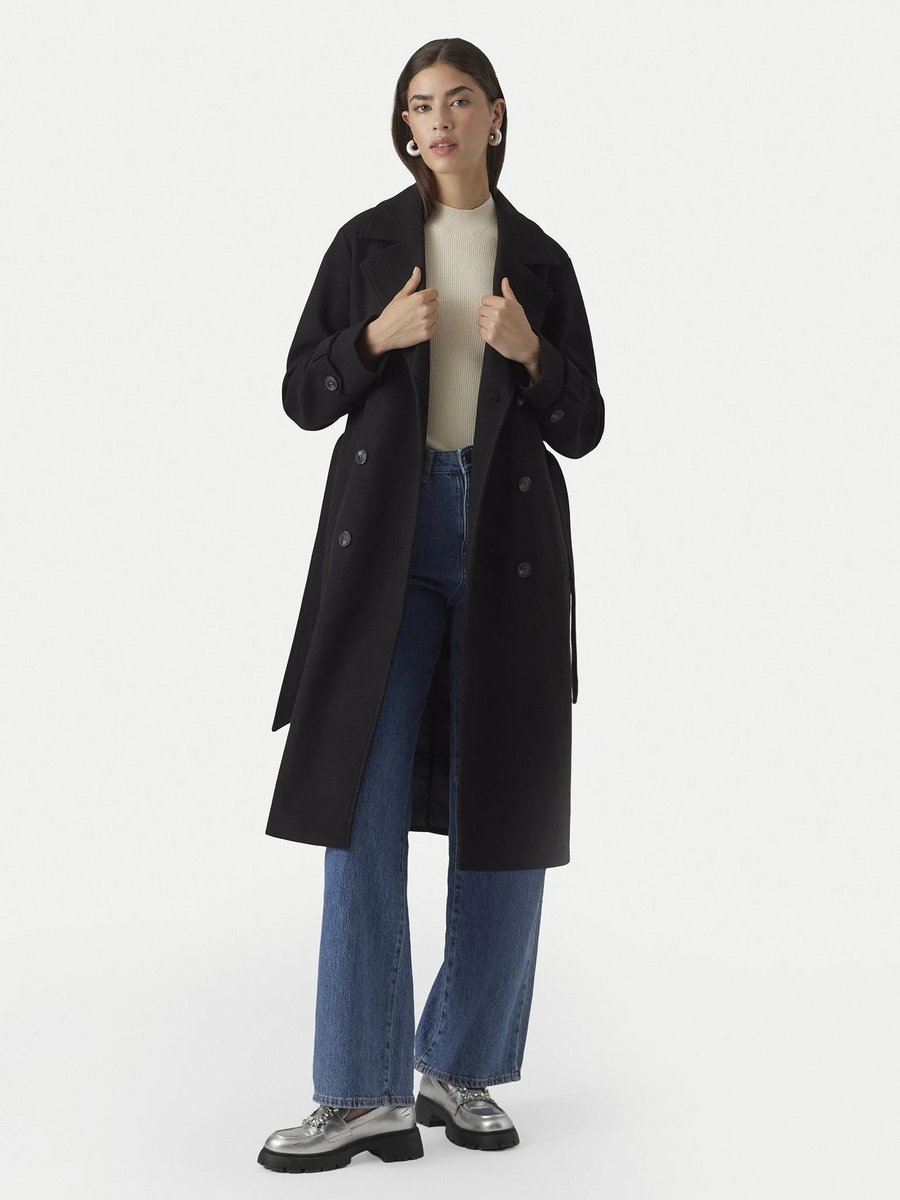 VERO MODA CZARNY KLASYCZNY PŁASZCZ Z PASKIEM DO KOLAN M 17AA