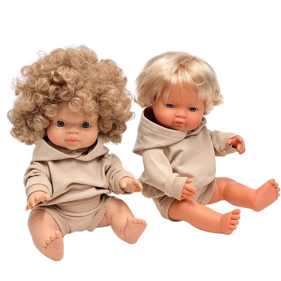 Zestaw ubranek dla lalek miniland 38 cm i Minikane 34, bluza z kapturem oraz krótkie spodenki, piaskowe