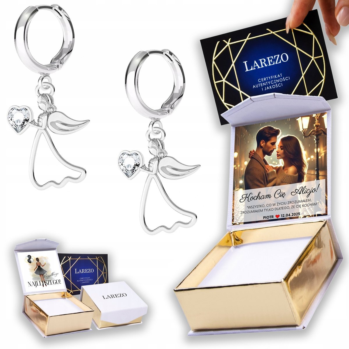 Kolczyki Srebrne 925 Anioł z Sercem Serduszkiem Anioły Aniołki NADRUK