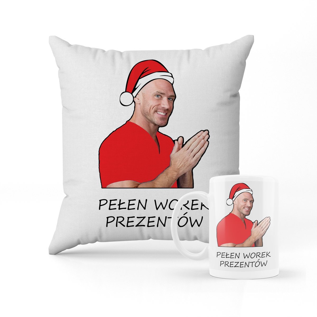 ZESTAW PODUSZKA + kubek Pełen worek prezentów śmieszny wzór + IMIĘ