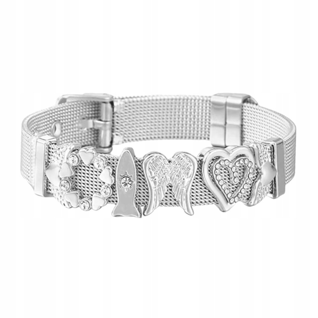 Elegancka bransoletka w odcieniu srebrnym - charmsy serce skrzydła rakieta