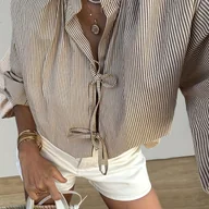 Koszule damskie - TEMU Bluzka damska w paski z wiązaniem na szyi - długi rękaw, koszula z guzikami w beżowym i białym pasku w pionie, idealna na wiosnę/jesień, - miniaturka - grafika 1