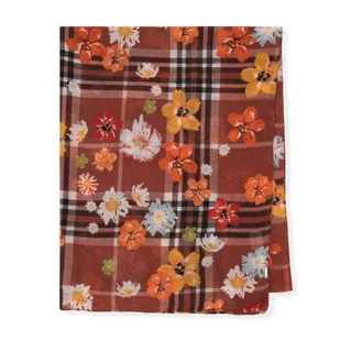 Cienki szal damski w kwiaty i kratę brązowo - pomarańczowy - Apaszki i szaliki damskie - miniaturka - grafika 1