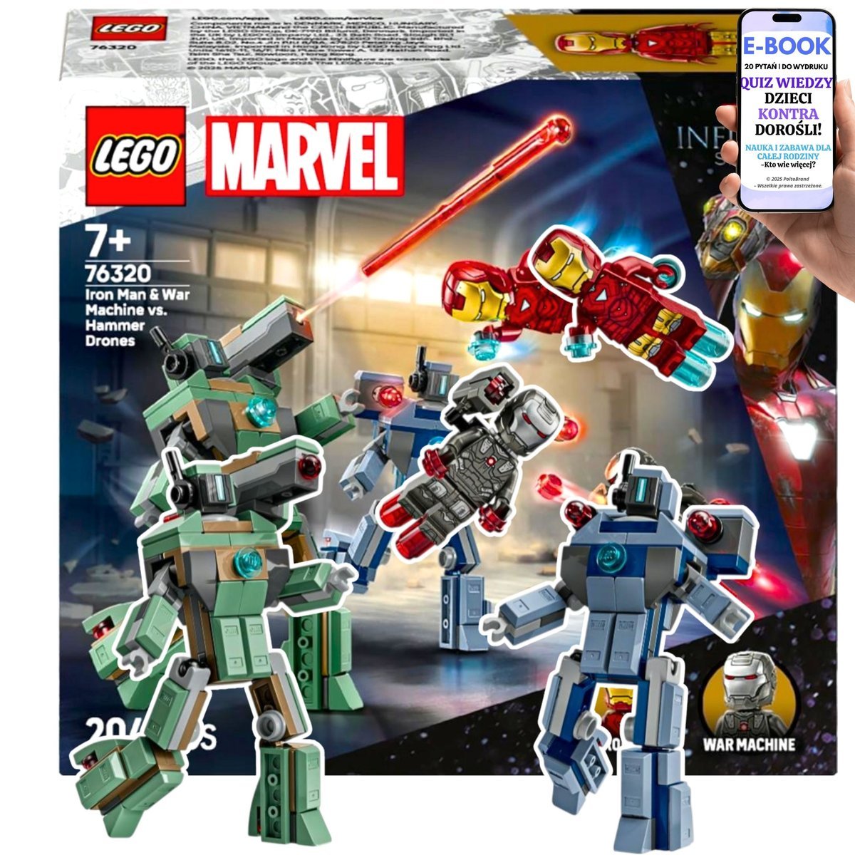 Bitwa Bohaterów LEGO® MARVEL Iron Man i War Machine vs DRONY Ruchome roboty, miotacze (76320) Klocki Lego Prezent Dla Dziecka 8+ EBOOK-2