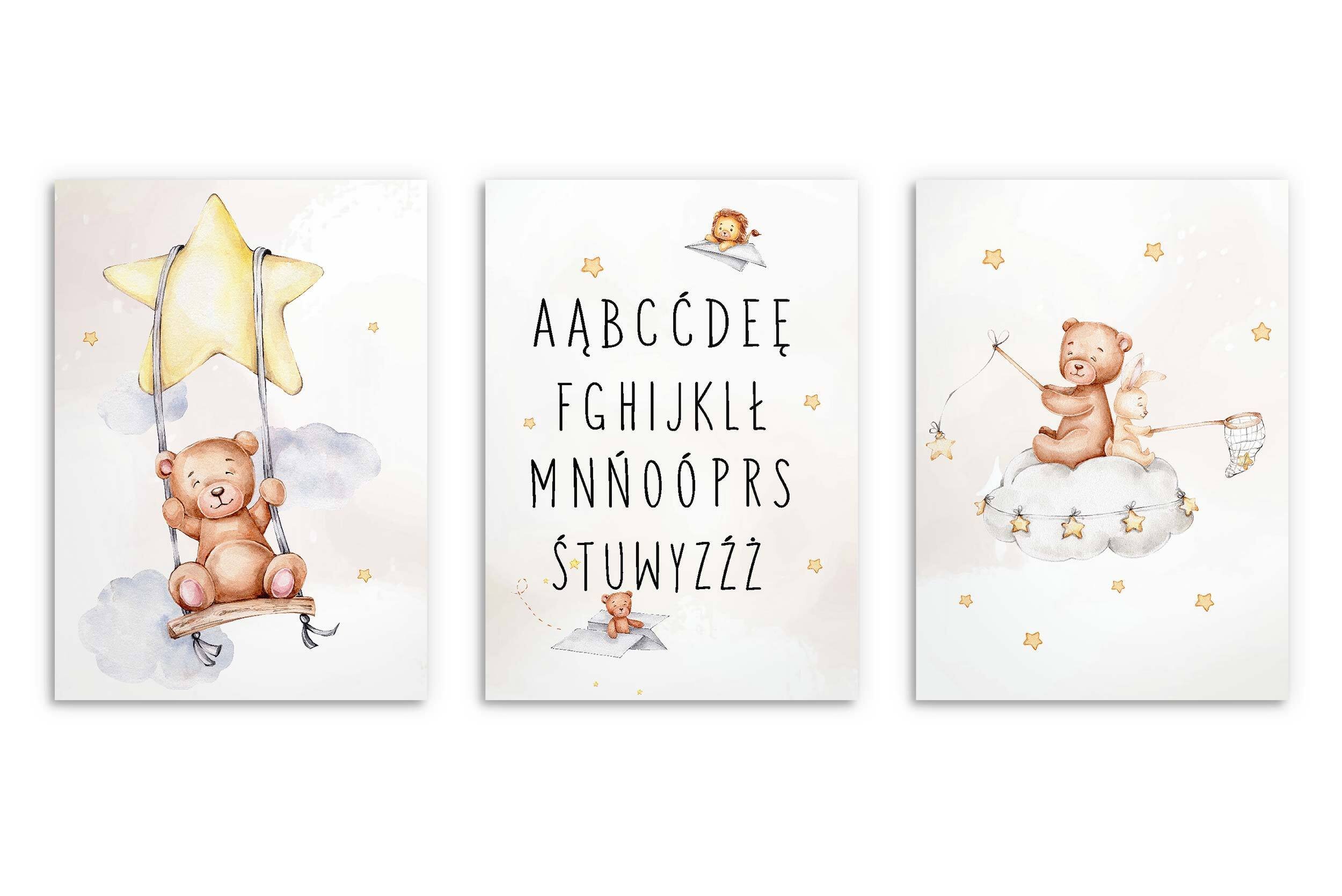 Plakat na ścianę niedźwiedź 3 sztuki zestaw plakatów 50x70 cm - ekologiczny tusz, wodoodporny - plakat do salonu, sypialni