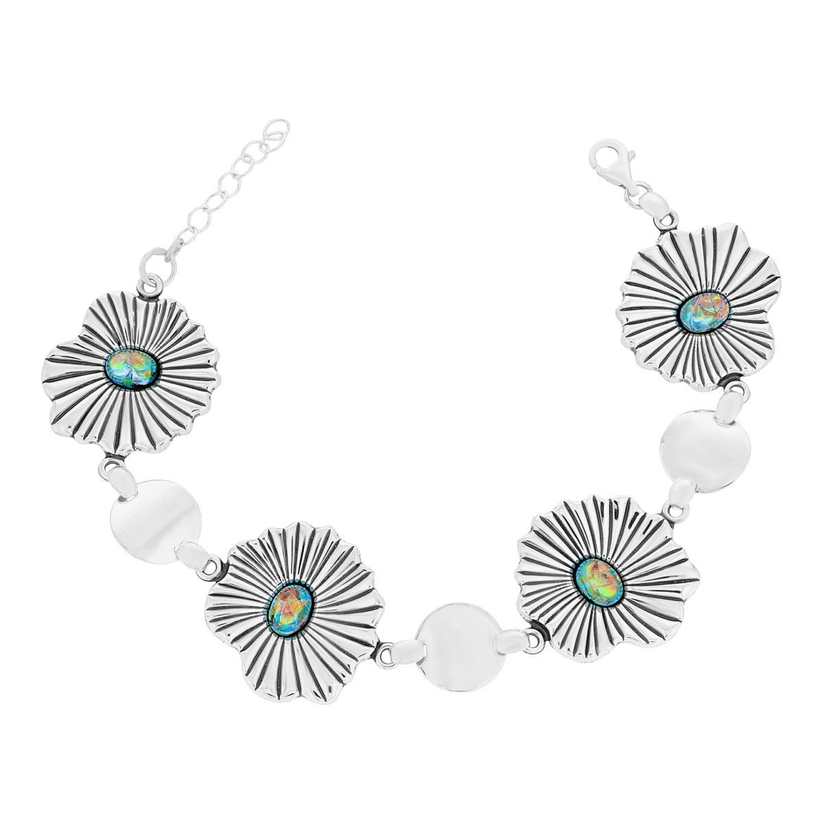 Srebrna bransoletka kwiatki z opalizującymi kamieniami 20-23 cm pr. 925