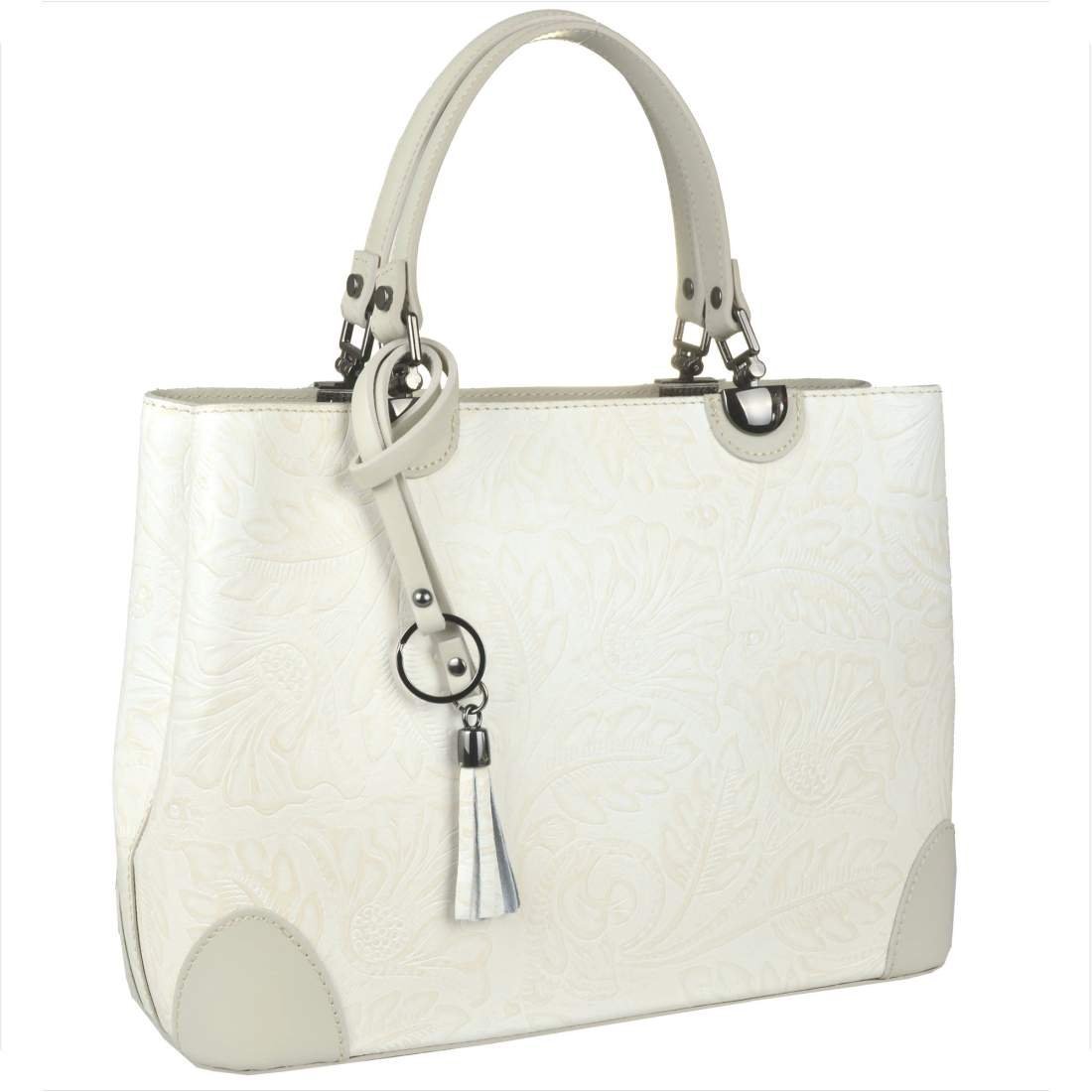 Skórzana torebka shopper beżowa tłoczone kwiaty